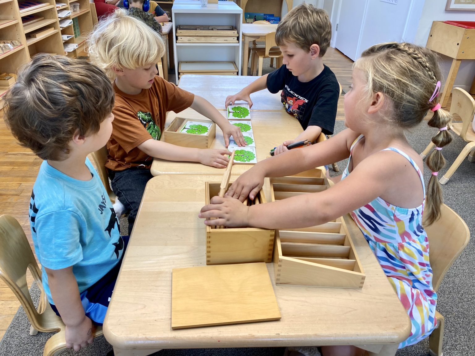 Students working with Montessori materials at a table
